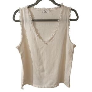 Homebody Women's Linen Cotton V-Neck Sleeveless Top With Frayed Edges White, M
